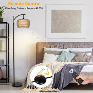 English Elm Arc Rattan Arc Floor Lamp with Remote & Smart LED, Dimmable 3-Color Timer, Adjustable 65–72.8" W2738P400694