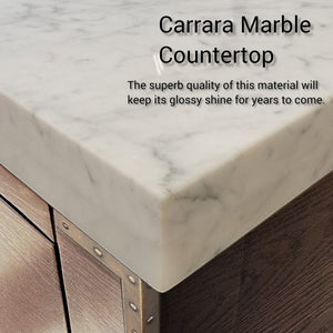 English Elm Grey Oak Double Bath Vanity With Carrara Marble Top, Faucets, & 36" Mirrors - Elegant Storage Solution B2731S01884