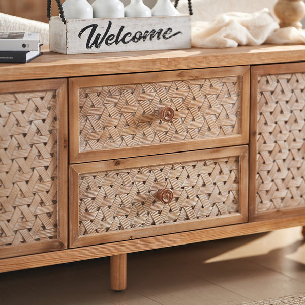 English Elm Rattan Mid-Century TV Stand 63.8" for TVs up to 65" — Rattan Doors, 2 Drawers, Adjustable Shelf, Cord Management W3040P382306