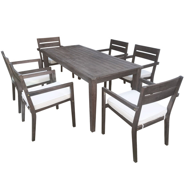 English Elm U_style Solid Acacia Wood Patio Dining Set Six Stackable Chairs Cushions Modern Outdoor Gray WY000459AAE