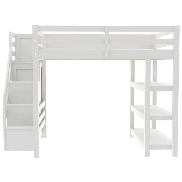 English Elm Full Size Loft Bed With Integrated Shelves, Storage Staircase, Small Wardrobe & Led Lighting N7090000472K