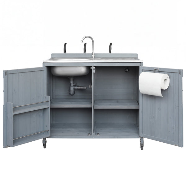 English Elm K&k Outdoor Prep Station Stainless Steel Top Fir Wood Cabinet with Drawer and Wheels N707P370281G
