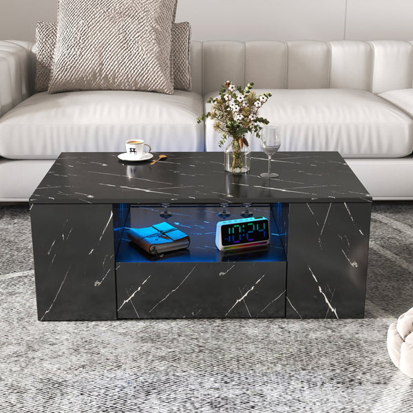 English Elm 14.57IN Modern LED Coffee Table with 20-Mode Remote Lighting, 2 Drawers, Open Shelves, Durable Wood Finish W331P264716