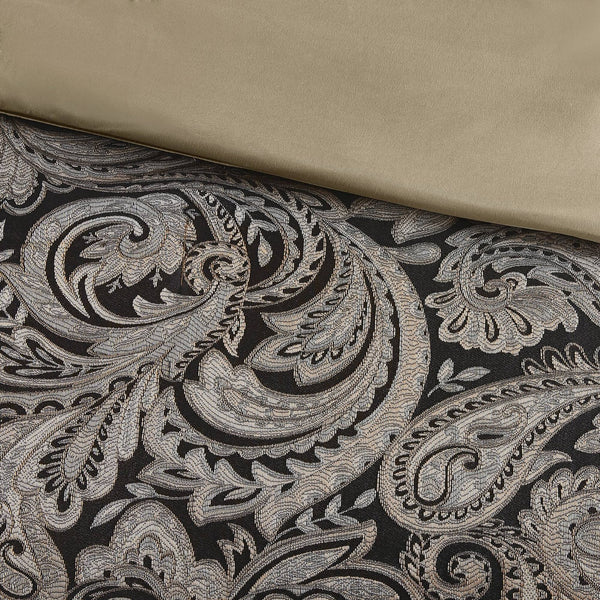 JLA Home Madison Park - 12 Piece Comforter Set Elegant Jacquard Paisley in Gold & Silver with Reversible Comforter, 92"x96" Black MP10-2579
