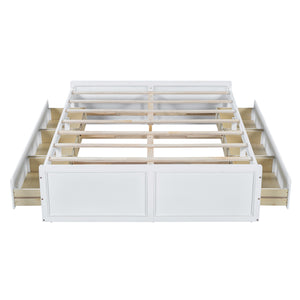 English Elm Wood Queen Size Platform Bed Frame with 6 Drawers for Storage, Sturdy Pine/MDF Slat System, 500lb Capacity White N709P241723K