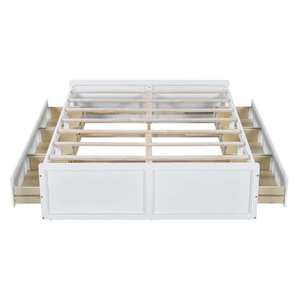 English Elm Wood Queen Size Platform Bed Frame with 6 Drawers for Storage, Sturdy Pine/MDF Slat System, 500lb Capacity White N709P241723K