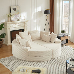 English Elm 78.5-inch Corduroy Round Convertible Recliner Sofa Bed with Neck Support and Throw Pillows Beige W834S00564