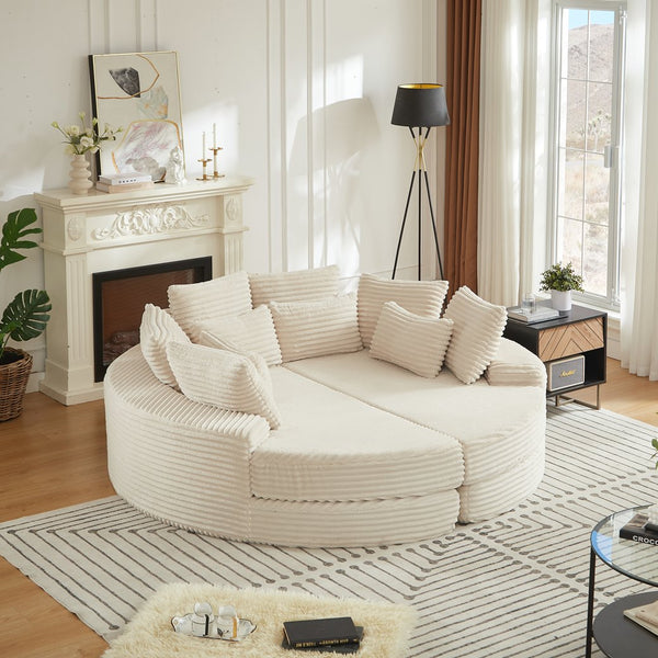 English Elm 78.5-inch Corduroy Round Convertible Recliner Sofa Bed with Neck Support and Throw Pillows Beige W834S00564