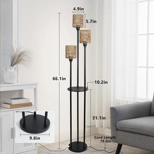 English Elm Boho 3-Light Floor Lamp with Shelf, Rattan Shades Rustic Tall Standing Lamp with Foot Switch W2738P185405