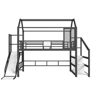 English Elm Full Full House Loft bed with Slide and Stairs, Metal House Play Loft with Storage Shelves and Quiet Design Black W1580S00350