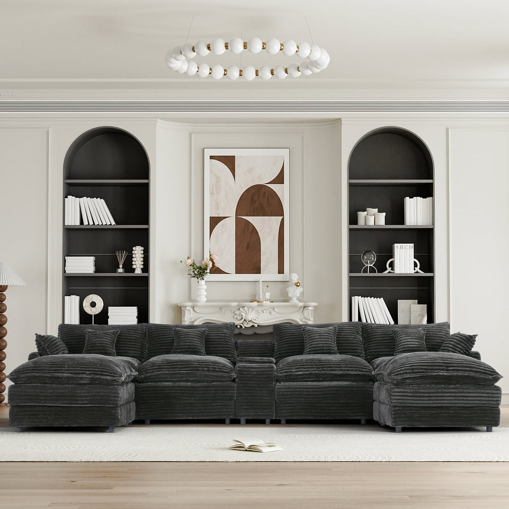 English Elm 145-inch Seven Piece Modular Cloud Sofa with Woolen Upholstery for Spacious Living Light Gray W2564S00038