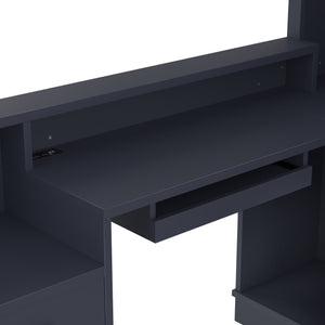 English Elm L-shaped Corner Computer Desk with Built-in Outlets Drawers and Open Shelving Storage W1580S00270