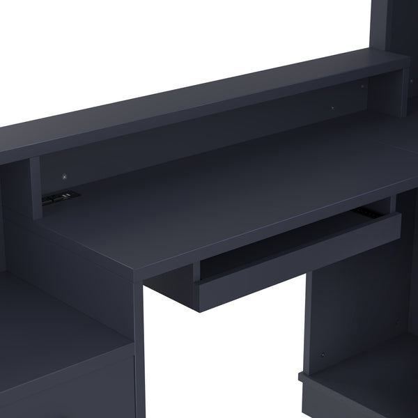 English Elm L-shaped Corner Computer Desk with Built-in Outlets Drawers and Open Shelving Storage W1580S00270