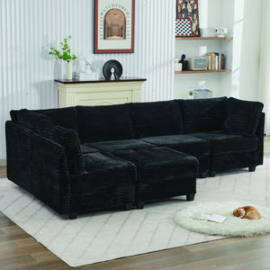 English Elm Corduroy Plush U-Shaped Sectional Sofa with Storage Ottoman, Pet-Friendly Durable Modular Comfort Black W2915S00063