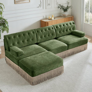 English Elm 3-seater Velvet Modular Sectional with Button Tufting Tassel Skirt and Wooden Base Green W714S01706