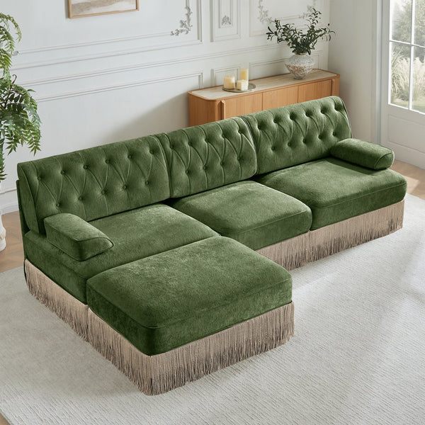 English Elm 3-seater Velvet Modular Sectional with Button Tufting Tassel Skirt and Wooden Base Green W714S01706