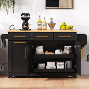 English Elm K&K Vintage Kitchen Island with Rubberwood Top, Hidden Wheels, Pull-Out Trash & Charging Station Black N707P299014B