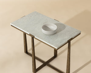 Sunpan Cowell Side Table - Elegant Rustic Oak Design with Carved Doors and Soft Close Hinges for Modern Homes Antique Brass
