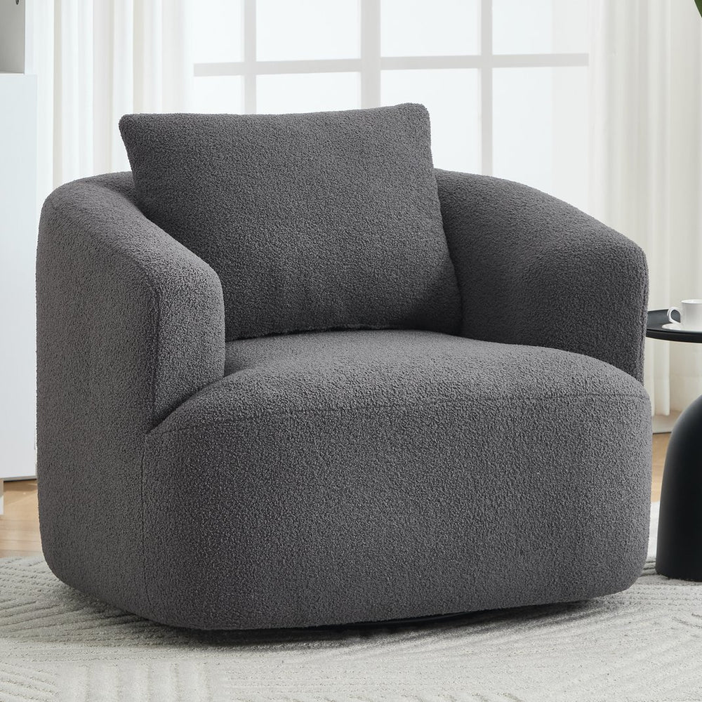English Elm 360° Swivel Barrel Chair Teddy Fleece Upholstery with Pillow for Bedroom Reading Nook Antique Dark Grey W1803P363033