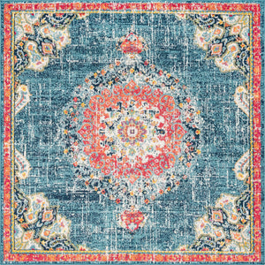 Unique Loom Penrose Alexis Machine Made Medallion Rug Blue, Gray/Ivory/Navy Blue/Orange/Red/Pink 8' 0" x 8' 0"