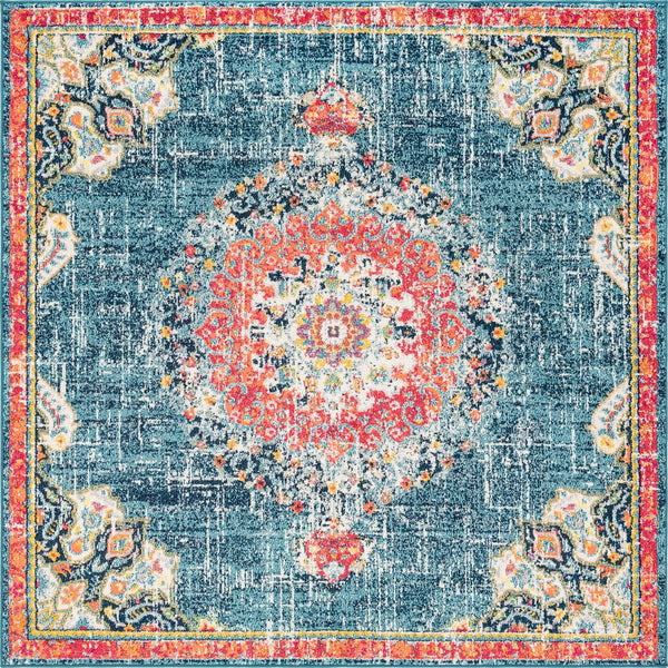 Unique Loom Penrose Alexis Machine Made Medallion Rug Blue, Gray/Ivory/Navy Blue/Orange/Red/Pink 8' 0" x 8' 0"