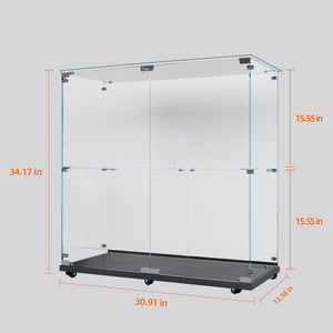 English Elm Tempered Glass Display Cabinet With Bluetooth Led Light, Lockable Casters & Versatile Storage Solutions W3155P290423-GIGA