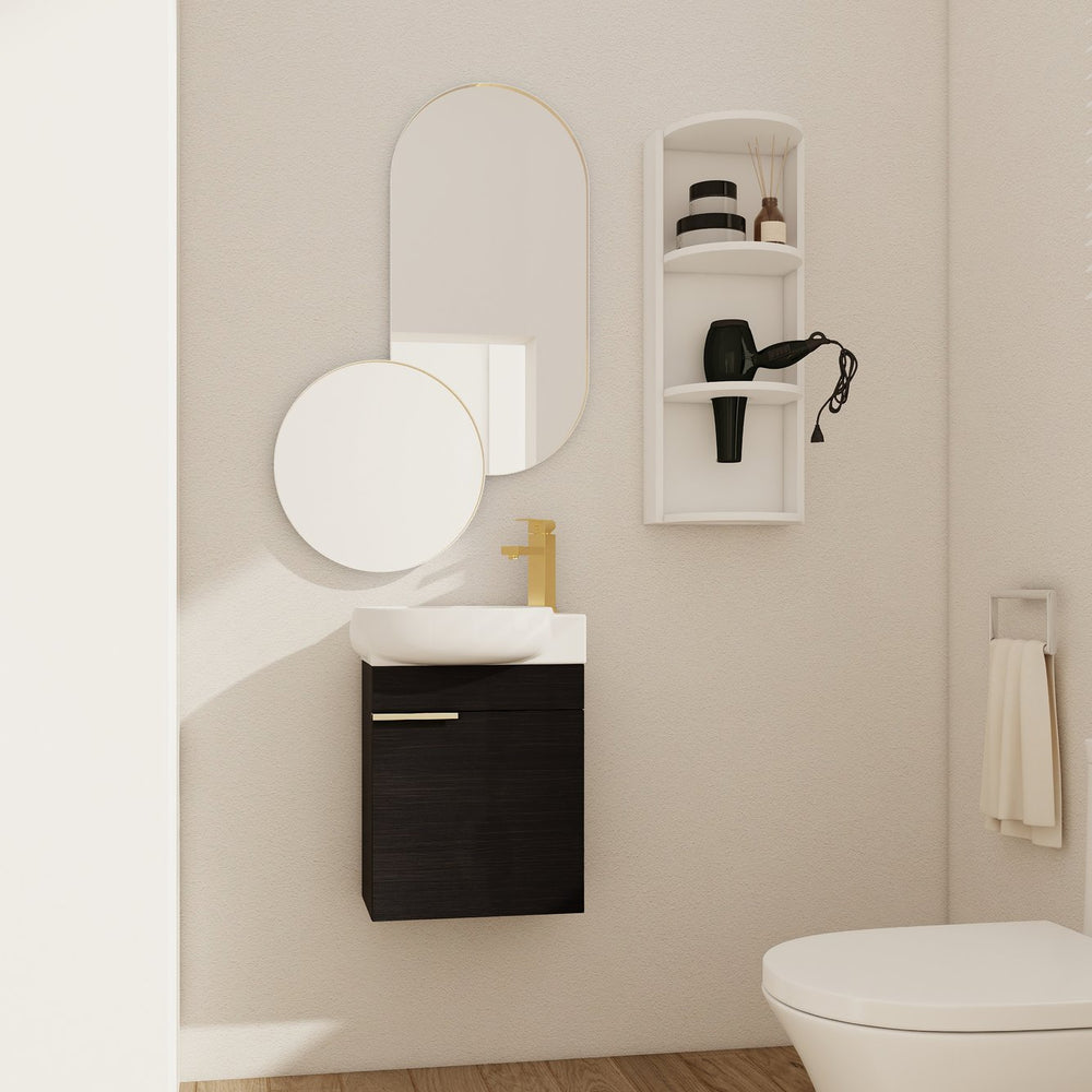 English Elm Soft Close Wall Mounted Bathroom Vanity with Ceramic Vessel Sink and Storage Rack W999S00489