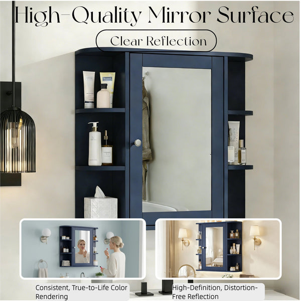 English Elm Bathroom Wall Cabinet with Mirror Door Open Shelving and Adjustable Interior Storage Blue N817P375228B