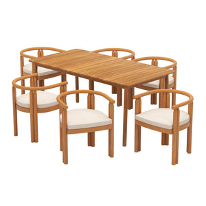 English Elm Christopher Knight Home® - Cove Teak+ Beige 7PC Acacia Outdoor Dining Set with Armrest Chairs, Curved Back & Removable Cushions COVEARM7PCSET