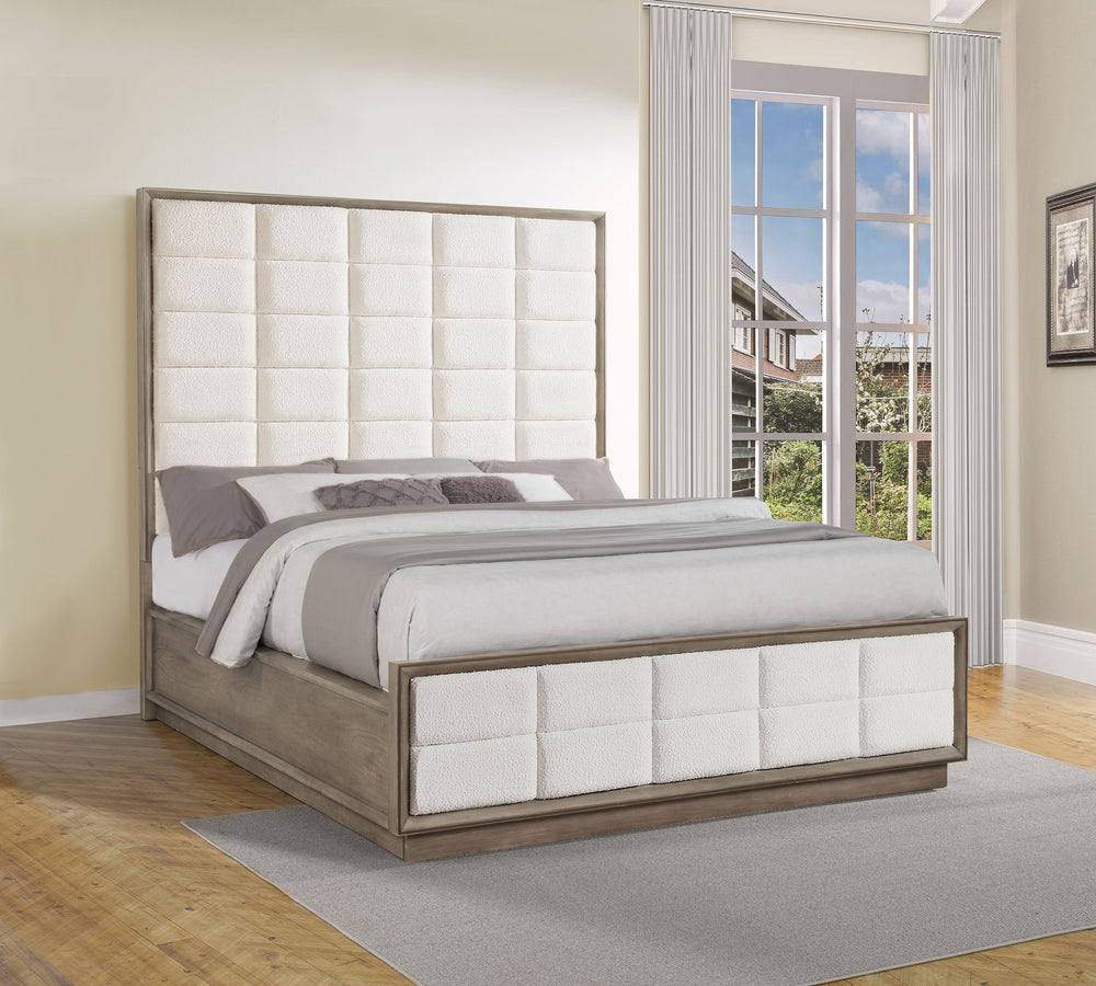English Elm Prescott Upholstered California King Bed Tall Grid Tufted Headboard Taupe Oak Frame B062S01783
