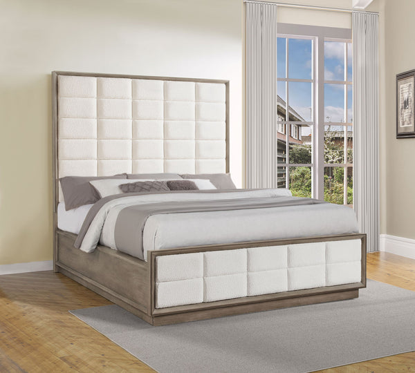 English Elm Prescott Upholstered California King Bed Tall Grid Tufted Headboard Taupe Oak Frame B062S01783