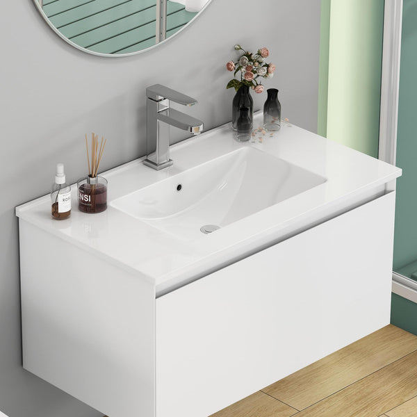 English Elm 32-inch Ceramic Drop-in Bathroom Sink Glossy Rectangular Basin for Modern Vanity W3151P264909