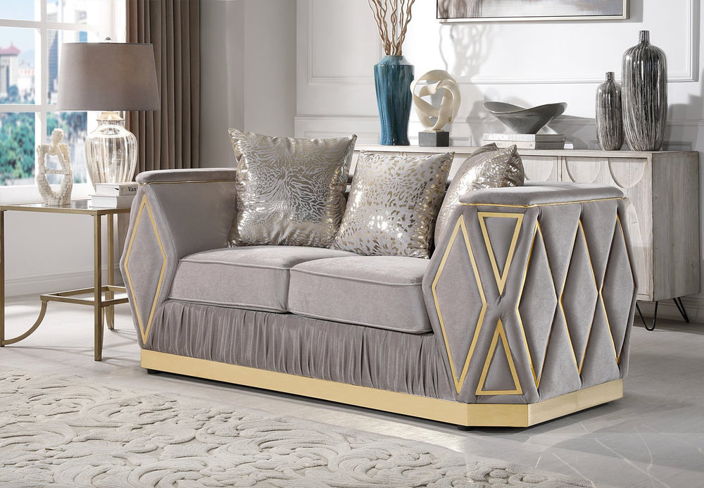 English Elm Cavalli Glam Loveseat with Diamond Upholstery Panels and Gold Trim Accent Legs Taupe+Gold B009P417492