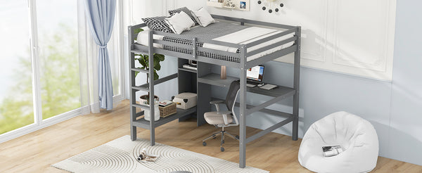 English Elm Full Size Loft Bed With Under-Bed Desk And Stylish Shelves For Space-Saving Bedroom Solutions N7090005004E
