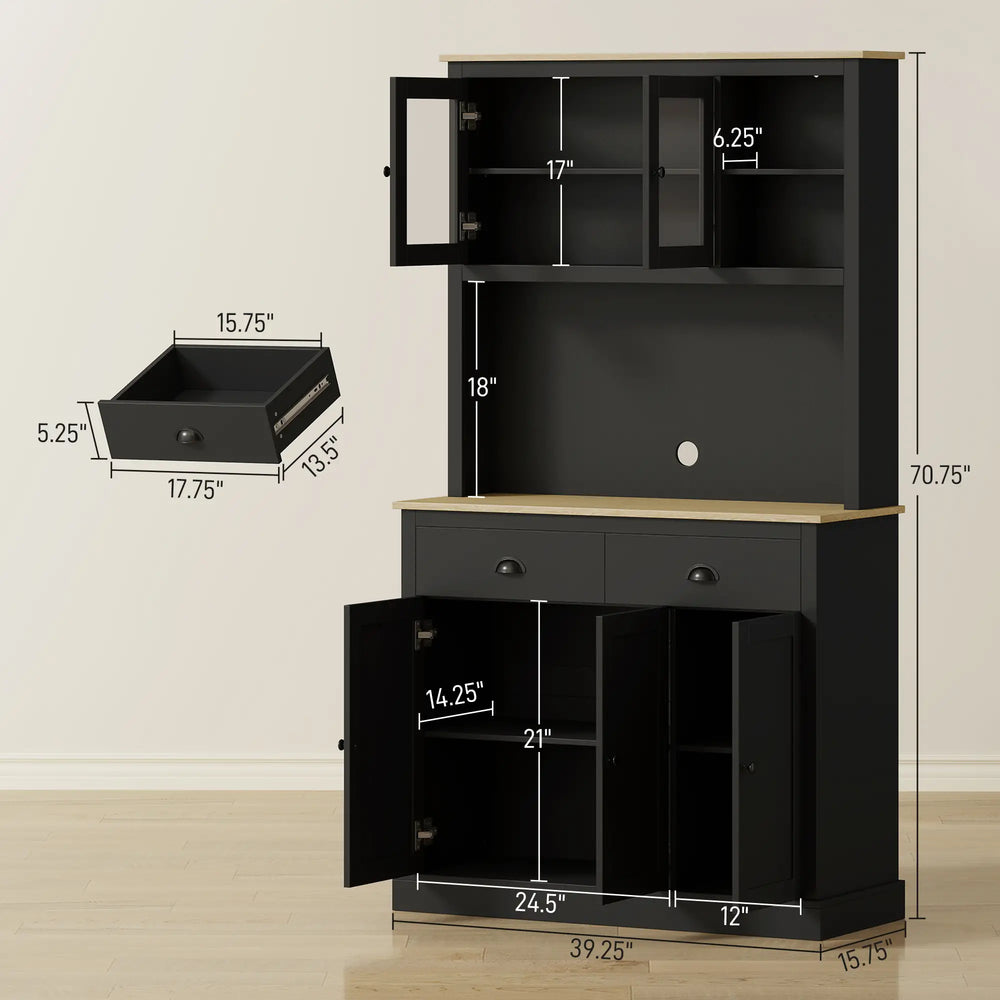 English Elm 71" Freestanding Pantry Cabinet Two-tone Oak and White Finish with Glass Doors T3971P420054
