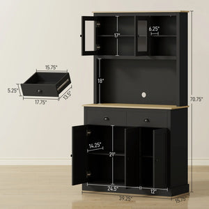 English Elm 71" Freestanding Pantry Cabinet Two-tone Oak and White Finish with Glass Doors T3971P420054