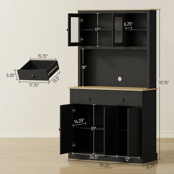 English Elm 71" Freestanding Pantry Cabinet Two-tone Oak and White Finish with Glass Doors T3971P420054