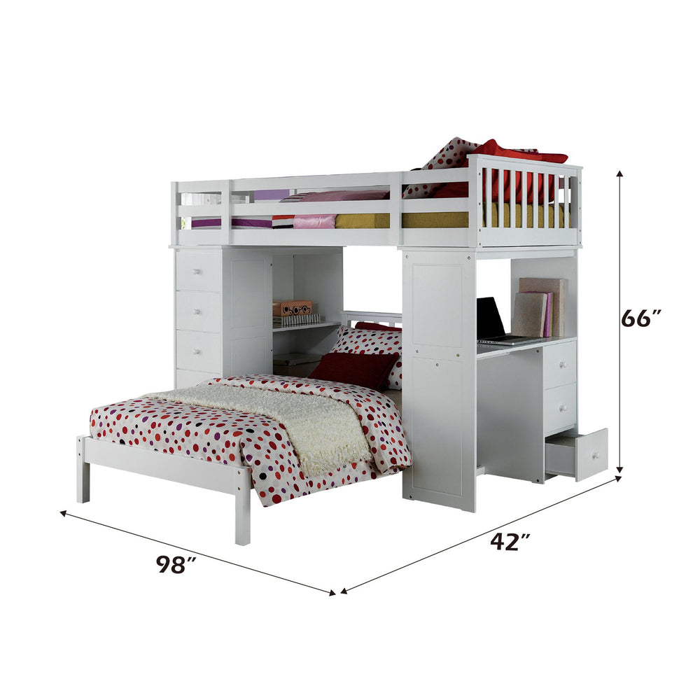 English Elm Freya Twin Loft Bed with White Finish, Bookcase Ladder, Desk & 5-Drawer Storage — Durable, Safe Design B2726S00228