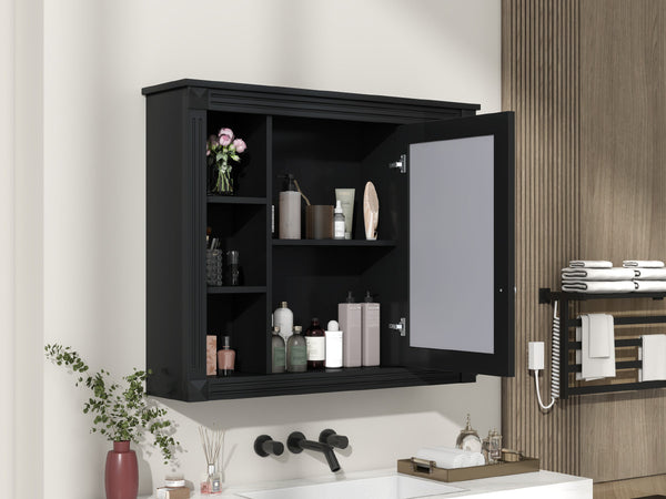 English Elm 35'' Modern Wall Medicine Cabinet with Mirror, Black MDF Storage, Soft-Close Hinges, Towel Rod, Adjustable Shelves N710P197128B