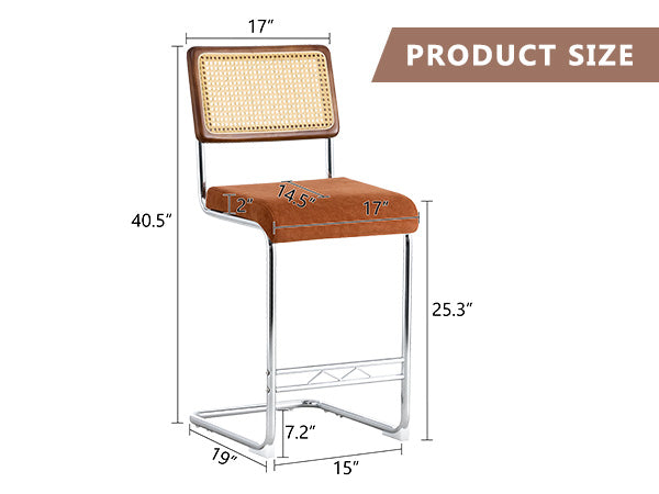 English Elm Natural Rattan Backrest Counter Stools Set of 4 with Chrome Legs and Pu Leather Seats W2920S00107