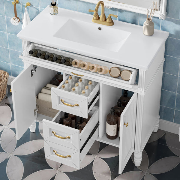 English Elm 36" Freestanding Single Sink Bathroom Vanity Rubberwood Cabinet with Matching Mirror White N725S314034K