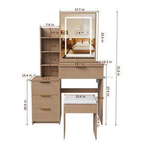 English Elm Modern Makeup Vanity Desk with Led Lighting Four Drawers Mirror and Built-in Power Outlet Walnut W509P465831