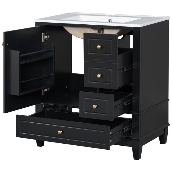 English Elm Christopher Knight Home® - 30" Freestanding Bathroom Vanity with Ceramic Sink, Soft-Close Door, Gold Knobs & 3 Drawers, Durable Painted Finish Black N759P225994B