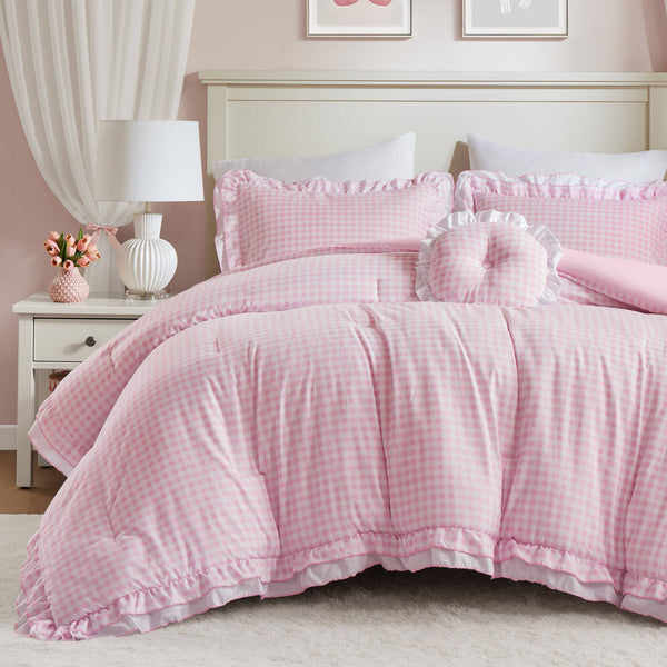 English Elm 4-piece Gingham Ruffle Comforter Set Romantic Cottage Bedroom Brushed Polyester Fill Pink B035P463188