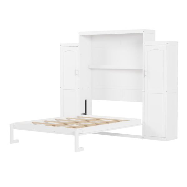 English Elm Queen Murphy Bed with 2 Wardrobes & Foldable Platform, Space-Saving White Queen Bedframe 650lbs N733S339767K