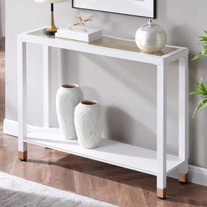 English Elm Glass Console Table Two Tier Tempered Shelf Narrow Foyer Entryway Gold Metallic Frame White+Gold W3587P456243