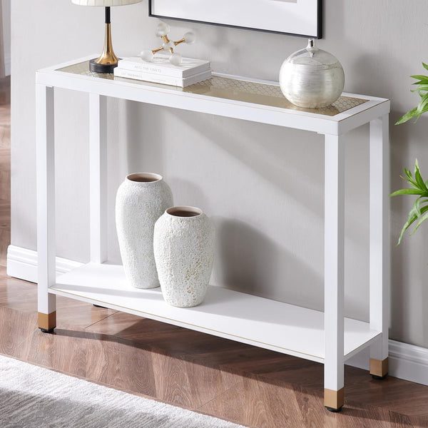 English Elm Glass Console Table Two Tier Tempered Shelf Narrow Foyer Entryway Gold Metallic Frame White+Gold W3587P456243