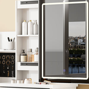 English Elm Vanity Desk with Lighted Sliding Mirror Hidden Storage and Cushioned Stool White Bedroom W2700P369513