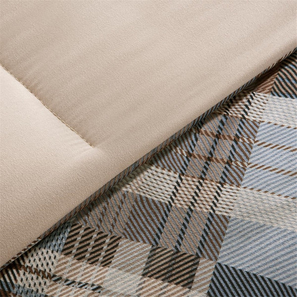 English Elm King White River Down Alternative Comforter Mini Set - Blue Brown Plaid Softspun, Box-Quilted, OEKO-TEX Certified, Machine Washable B035100460