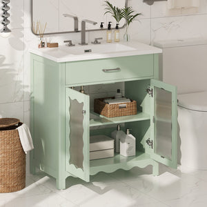 English Elm Christopher Knight Home® - 30 Inch Bathroom Vanity With Tempered Glass Doors, Soft-Close, Modern Green Cabinet & Ceramic Sink N817P299499G